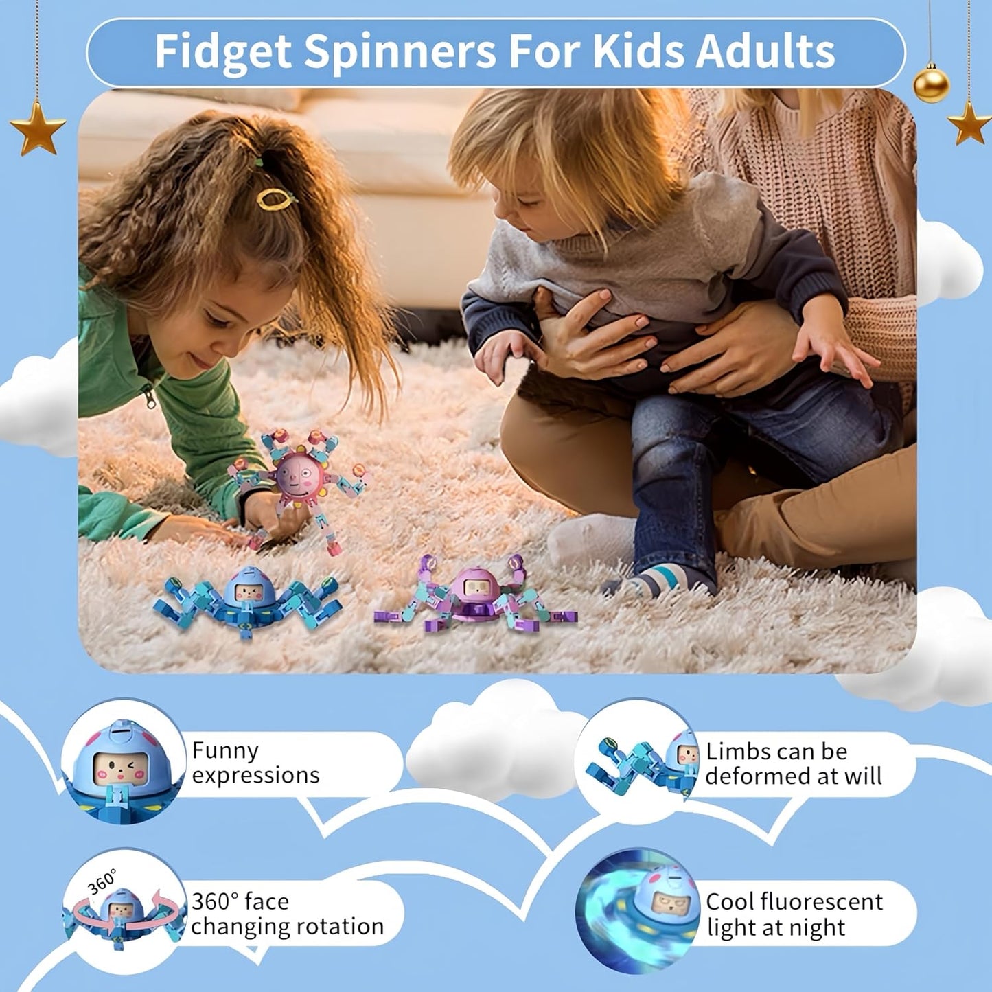 5 Pcs Transformable Fidget Spinner Toys for Kids, Finger Sensory Fidget Toys Adults Glow in The Dark