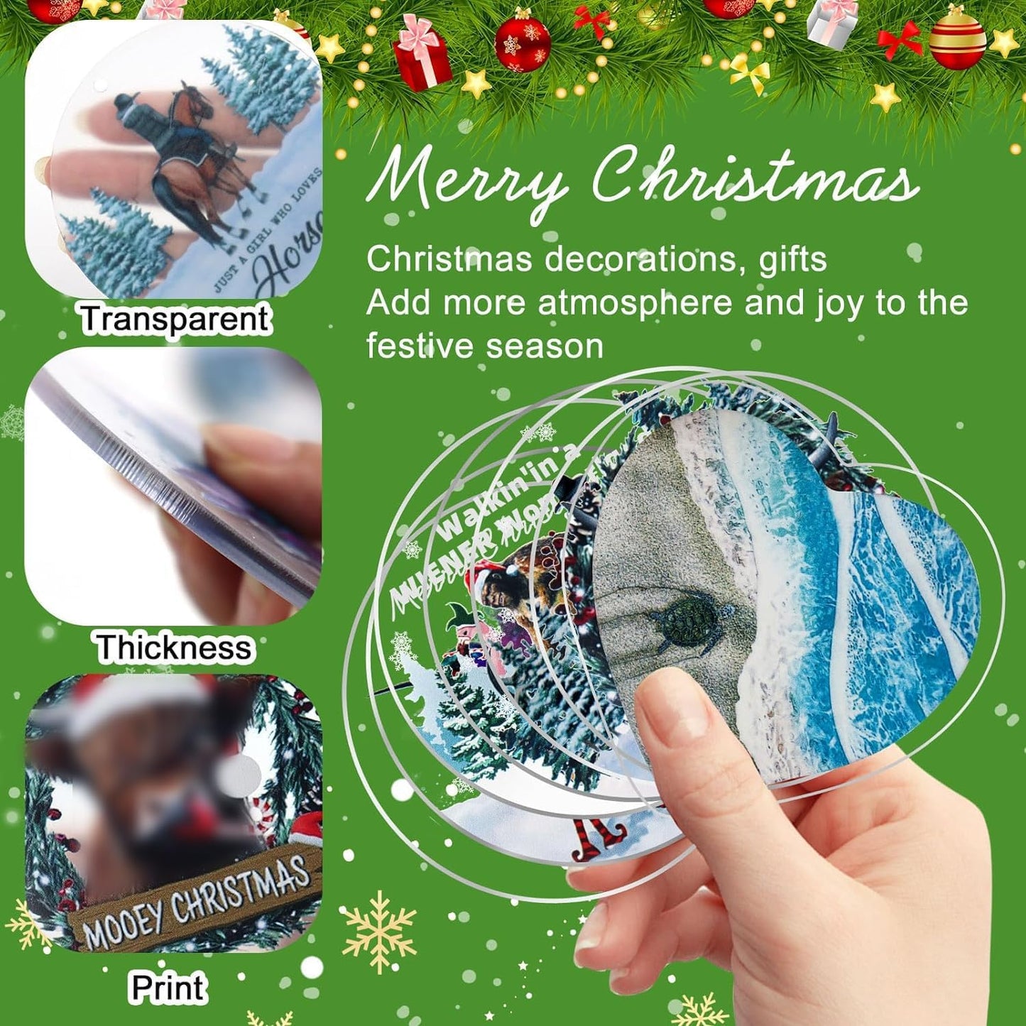Christmas Tree Ornaments - Sea Turtle Christmas Ornaments 2024, Acrylic Christmas Hanging Ornaments Ocean Turtle Pendant Decorations for Christmas Tree, Beach Christmas Ornaments for Home Decor (Sea)