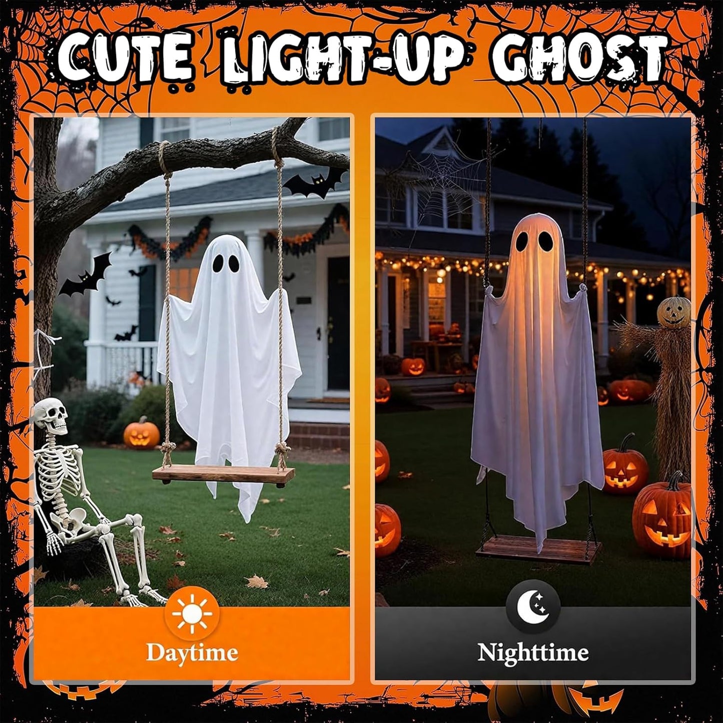 Halloween Decorations Outdoor, 5FT Large Hanging Ghost Swing with Remote Control String Lights