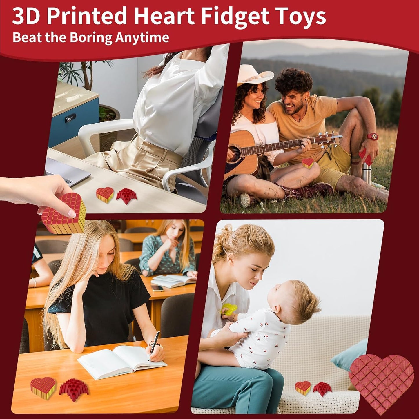 3D Printed Heart Fidget Worm, 2Pcs Heart Fidget Toy, Make a Sound Office Desk Ornaments, Sensory Toys