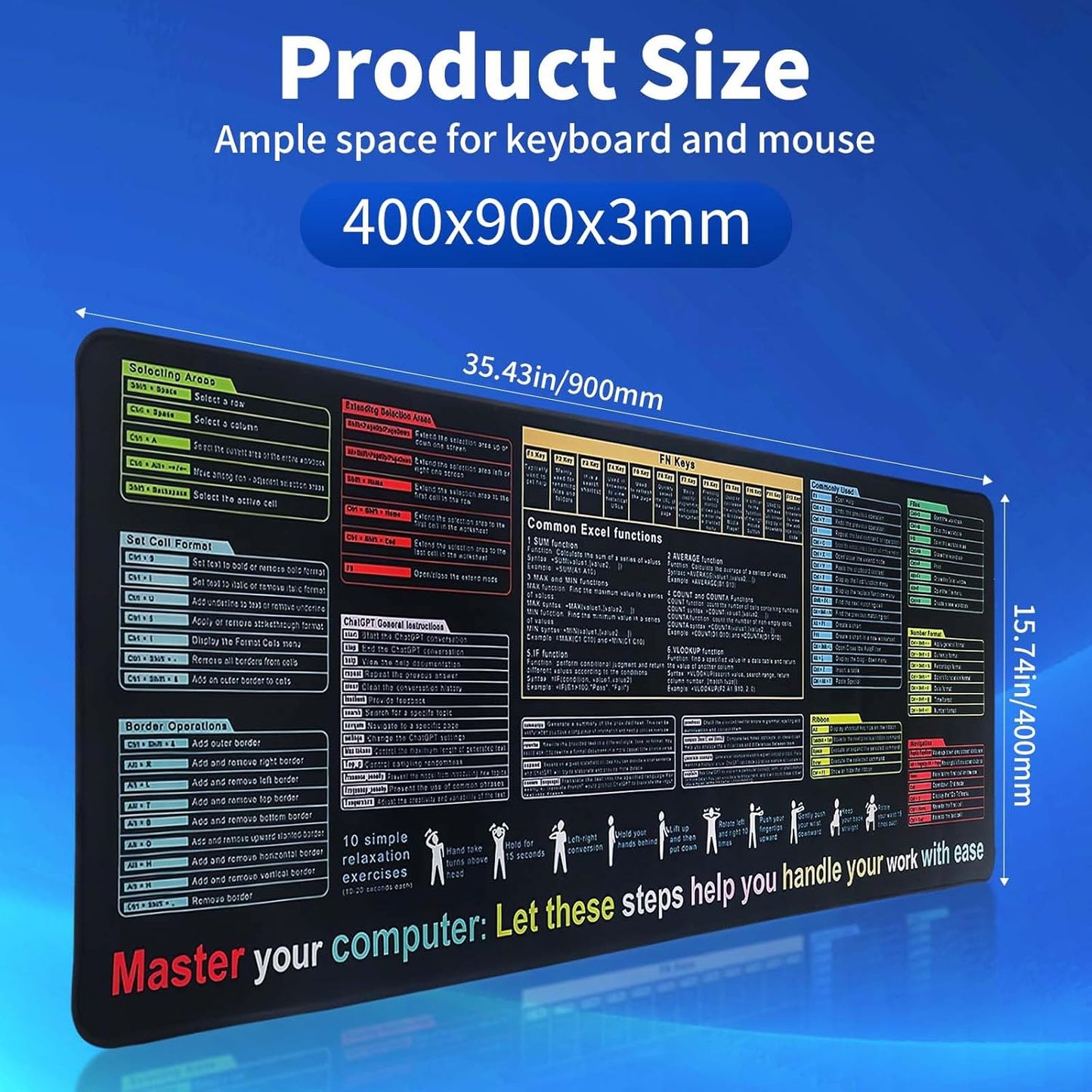 Waterproof Shortcuts Mouse Pad, Office Mouse Pad Top 10 Functional Modules and Frequently Used Functions