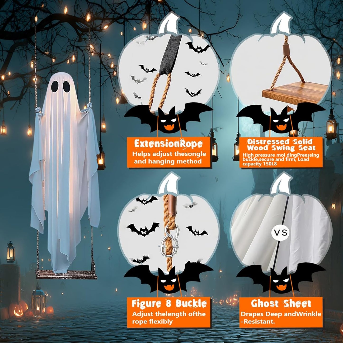 Halloween Decorations Outdoor, 5FT Large Hanging Ghost Swing with Remote Control String Lights