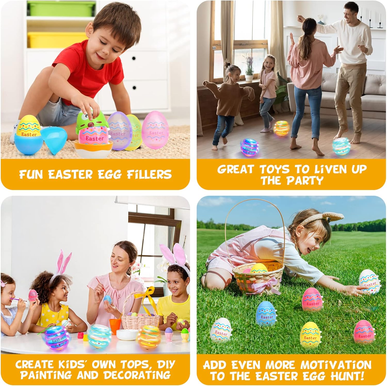 Light Up Easter Eggs Toy Gifts for Kids, 6 Easter Egg Spinning Tops with Flash & Music