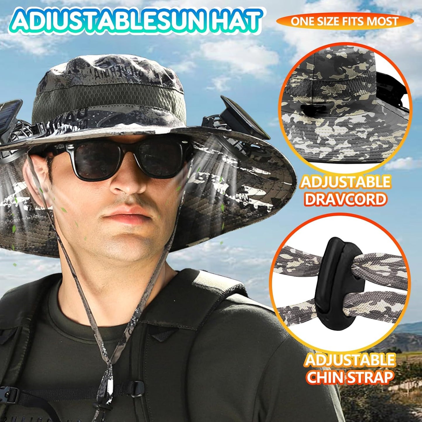 Solar Fan Hat, Wide Hat with 2 Solar Fan, Outdoor Beach Hiking Camping Fishing Hats for Men Women