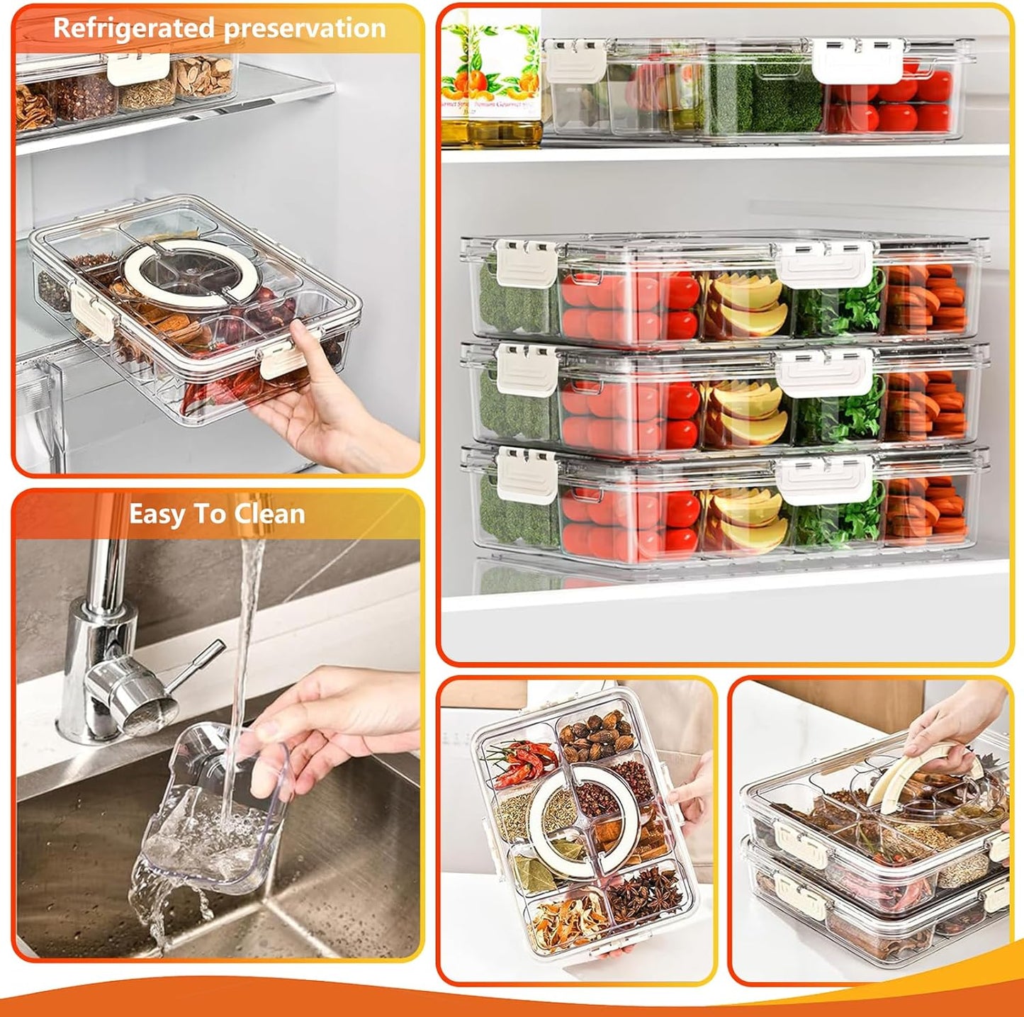 Snackle Box Container, Portable Snack Containers Box 8 Compartment Divided Serving Tray with Lid and Handle