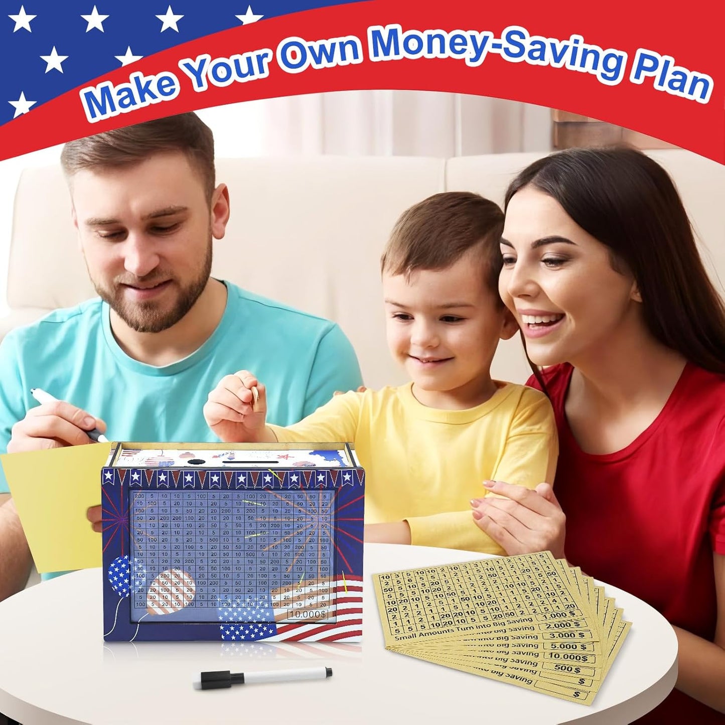 10000 Savings Challenge Box, Money Saving Box, Piggy Bank for Adults Kids, Wooden Cash Box