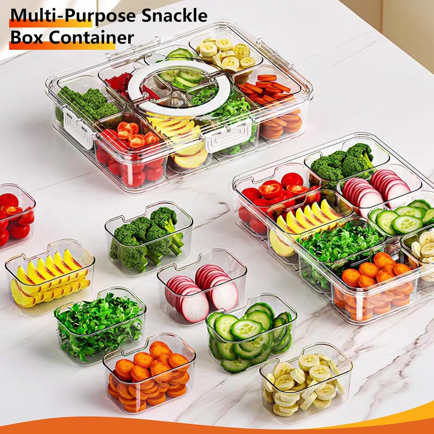 Snackle Box Container, Portable Snack Containers Box 8 Compartment Divided Serving Tray with Lid and Handle