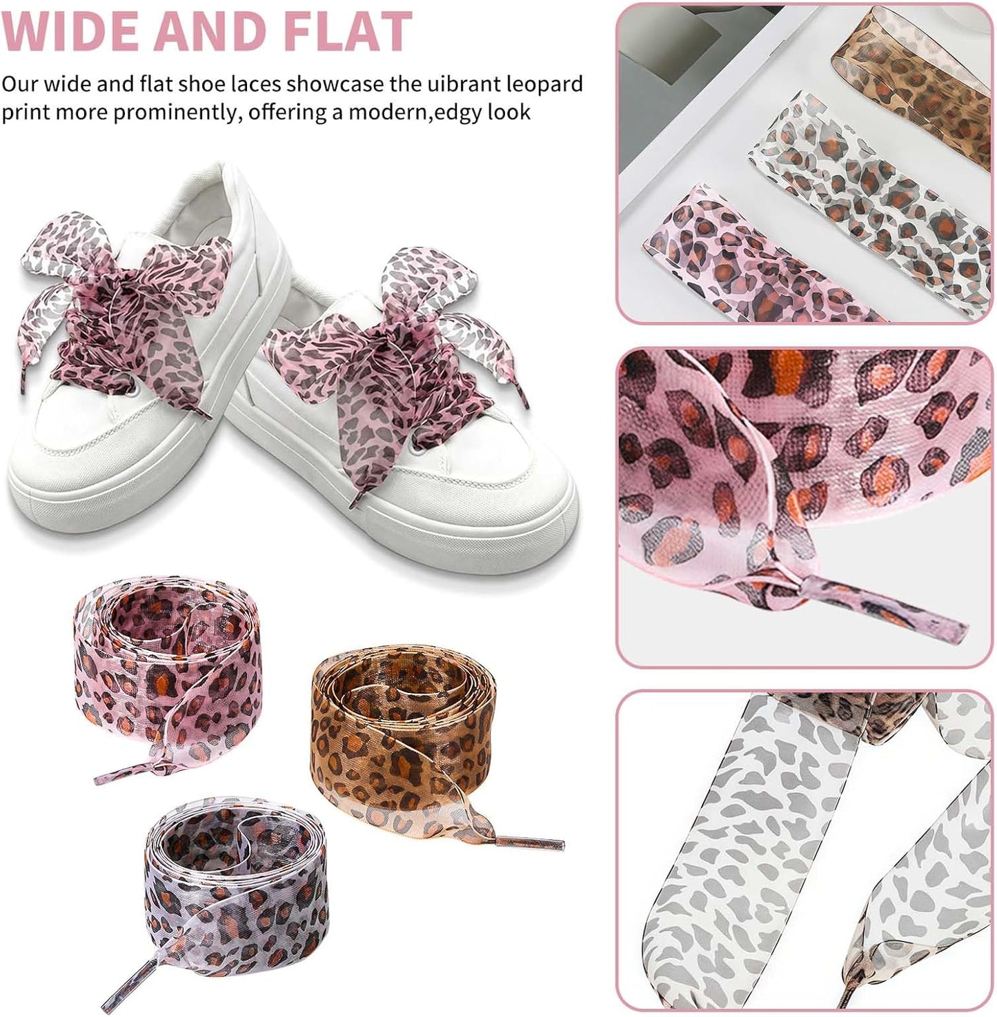 3 Pair Fashion Leopard Shoe Laces for Womens Sneakers, 4CM Wide Ribbon Shoelaces