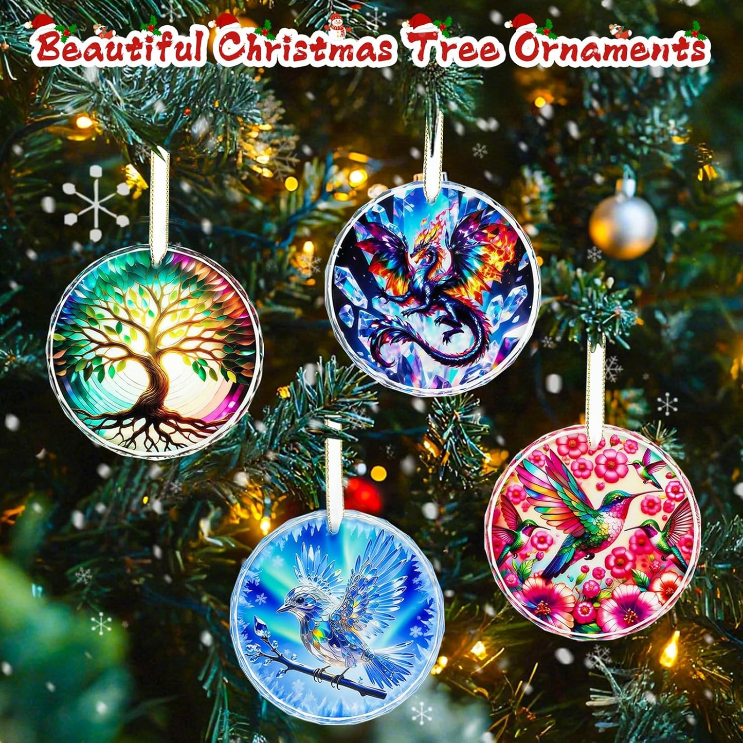 Hummingbird Ornaments for Christmas Tree, Stained Hummingbird Home Decor Glass Hanging, Christmas Tree Indoor Outdoors Home Decorations to Hummingbirds Lover, Book Lovers