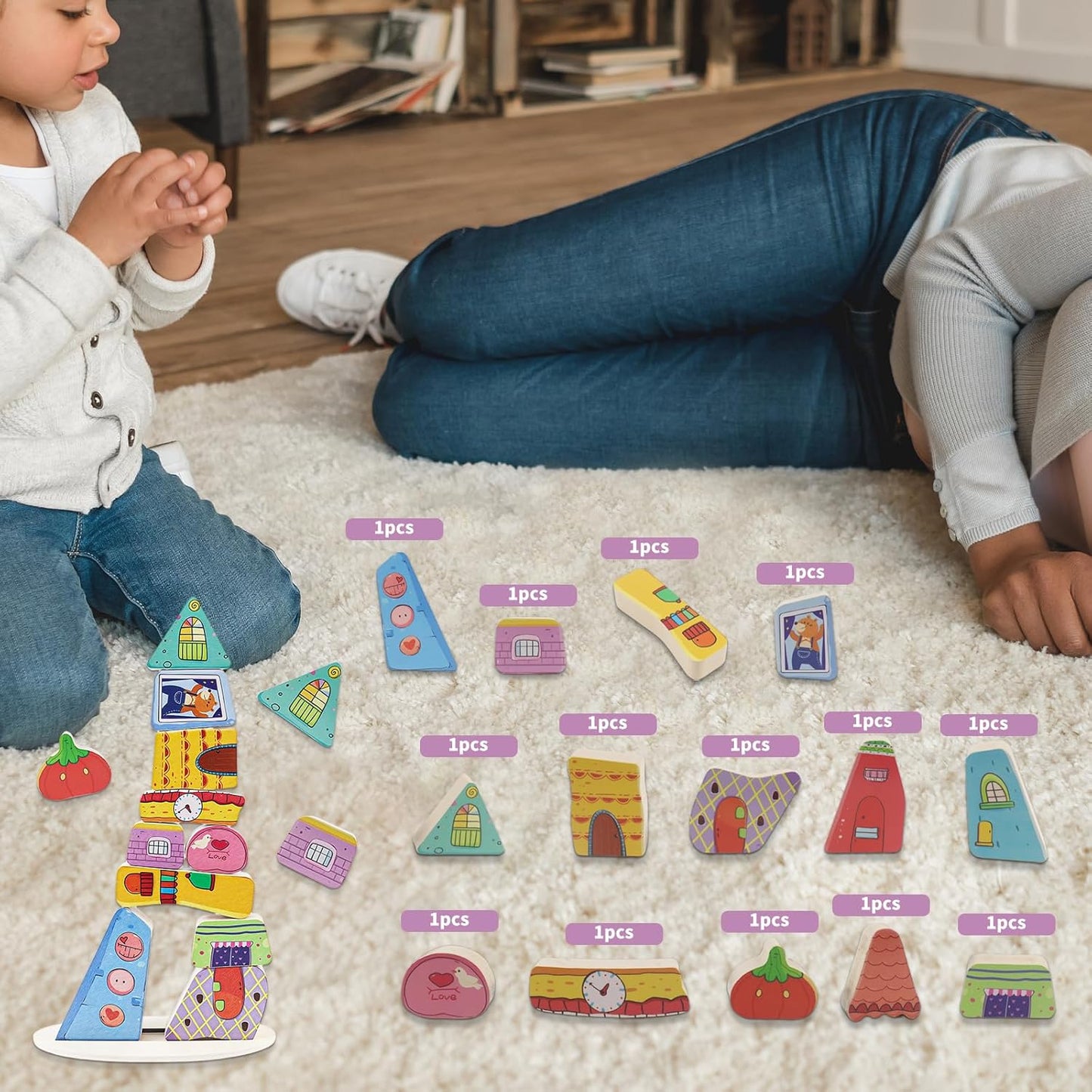 Stacking Toys for Toddlers 1-3, Colorful Houses Stacking Blocks, Stacking Toy