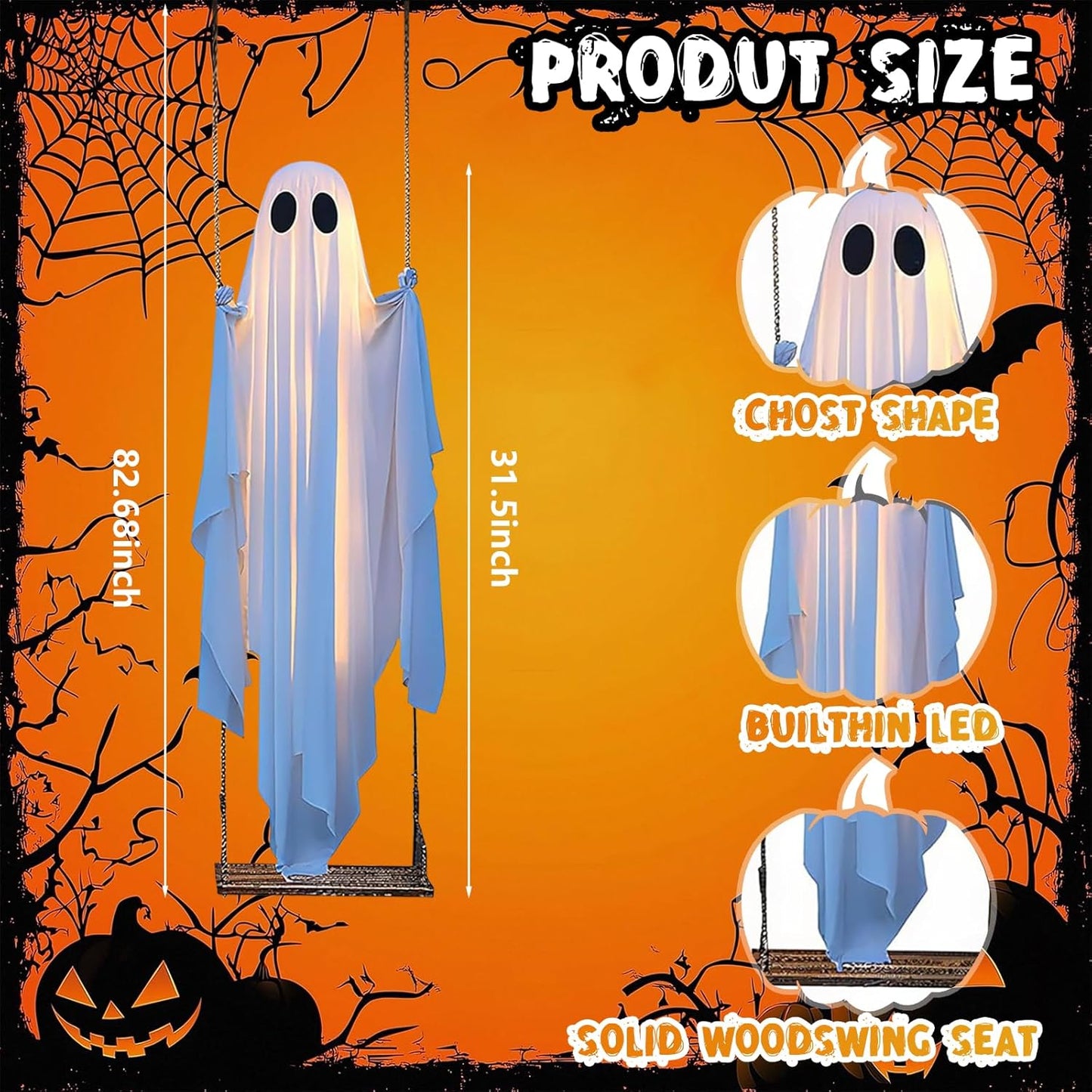 Halloween Decorations Outdoor, 5FT Large Hanging Ghost Swing with Remote Control String Lights