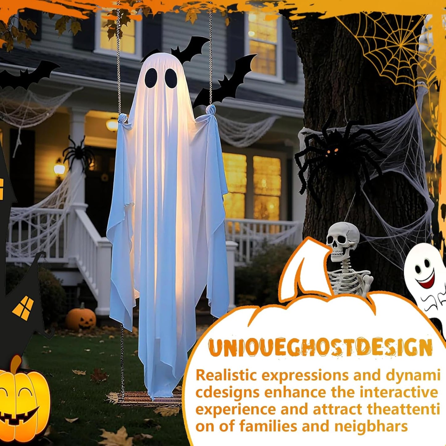 Halloween Decorations Outdoor, 5FT Large Hanging Ghost Swing with Remote Control String Lights
