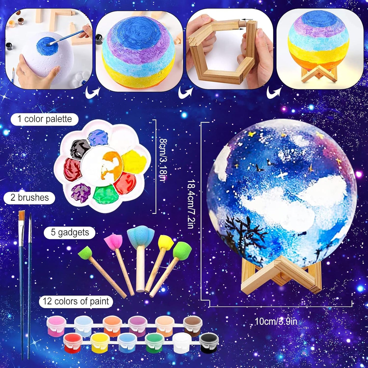 Paint Your Own Moon Lamp Kit, DIY Lava Lamp Night Light with Plastic Stand, Space Toys Night Light