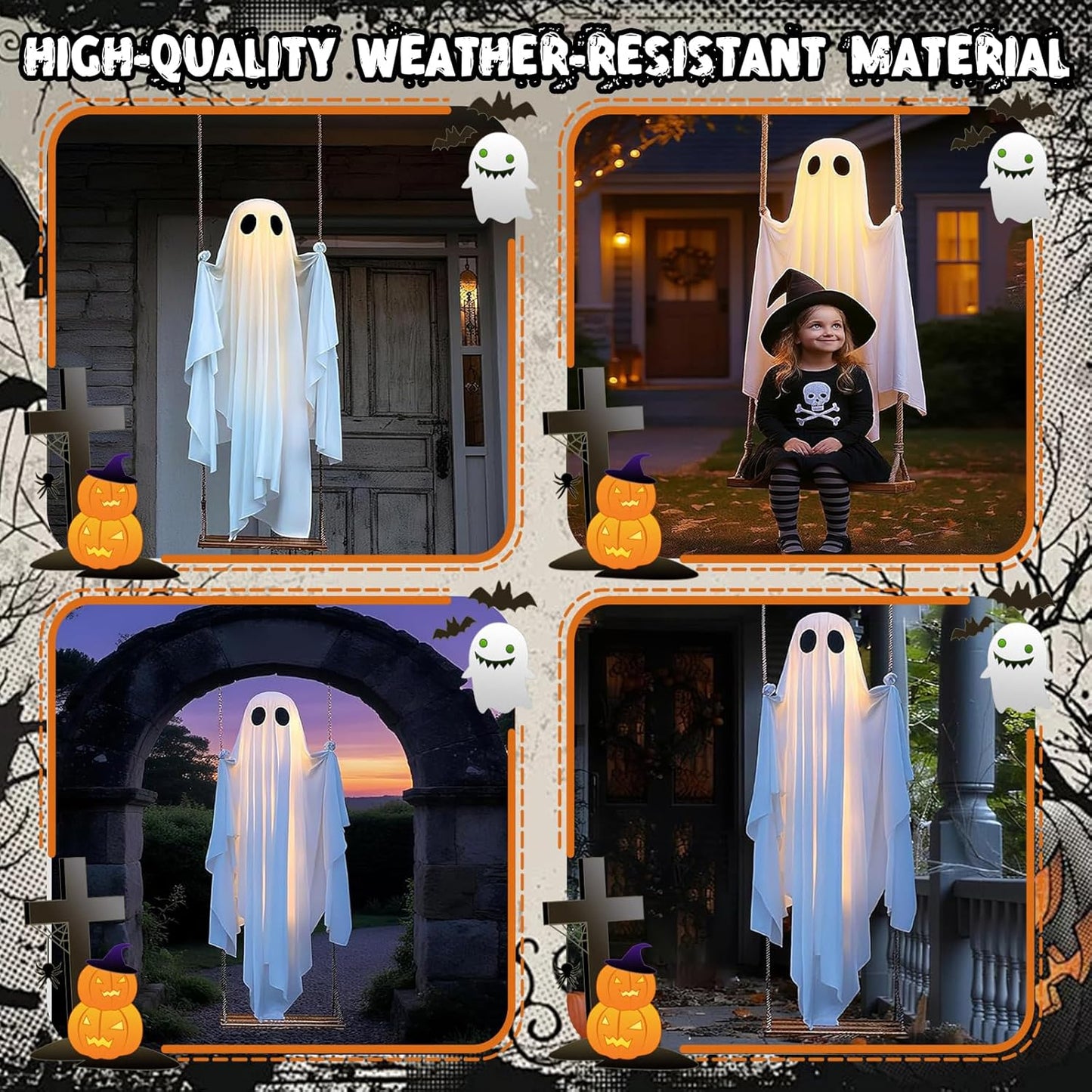 Halloween Decorations Outdoor, 5FT Large Hanging Ghost Swing with Remote Control String Lights