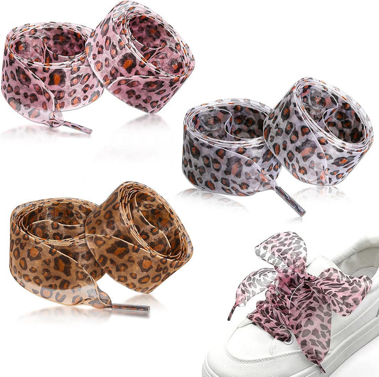3 Pair Fashion Leopard Shoe Laces for Womens Sneakers, 4CM Wide Ribbon Shoelaces