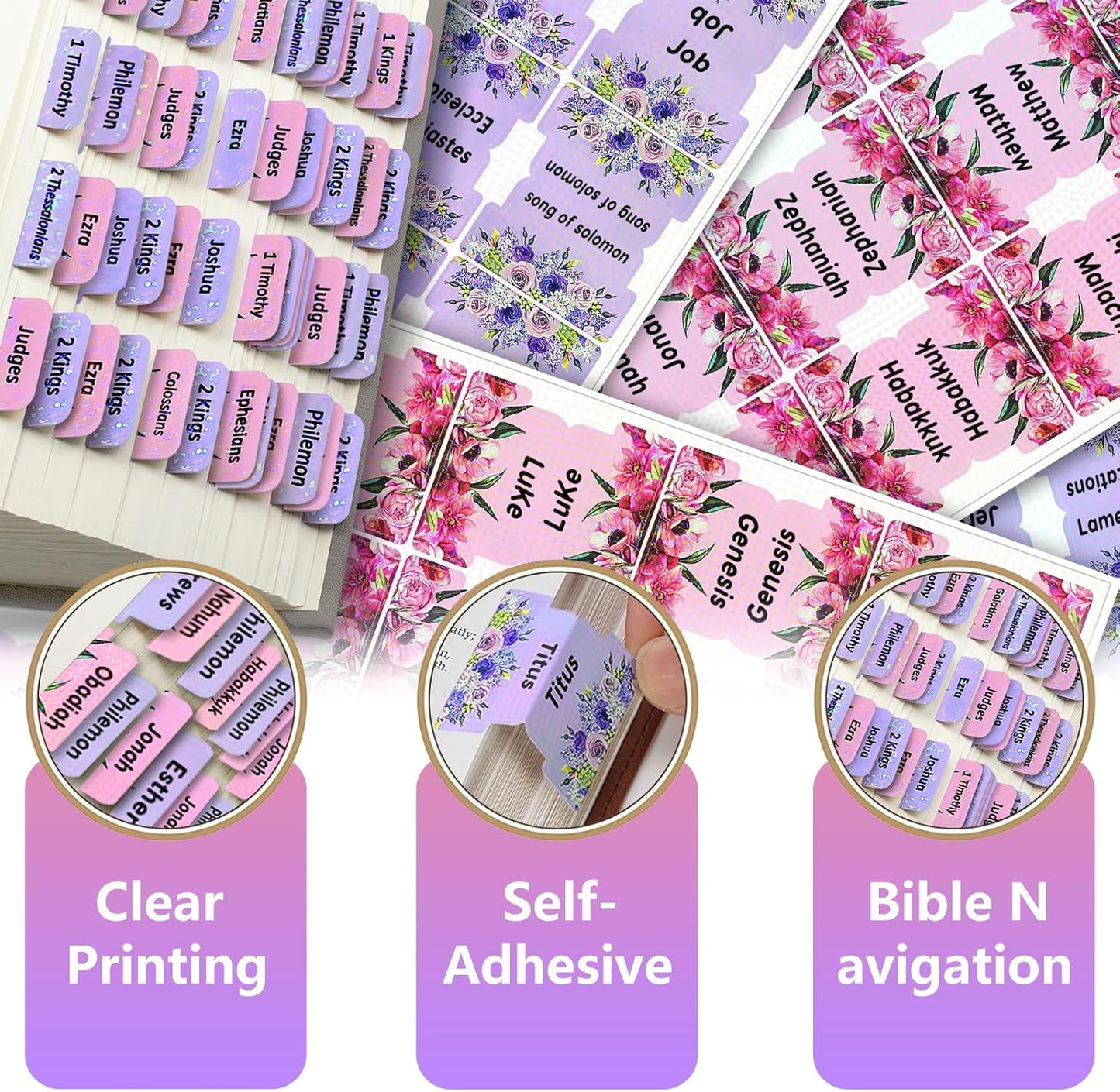 Laminated Bible Tabs, 160 Tabs Large Flowers Print Stickers Dividers Tabs for Women Men
