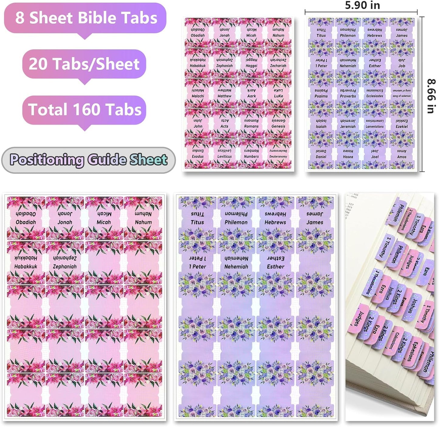 Laminated Bible Tabs, 160 Tabs Large Flowers Print Stickers Dividers Tabs for Women Men