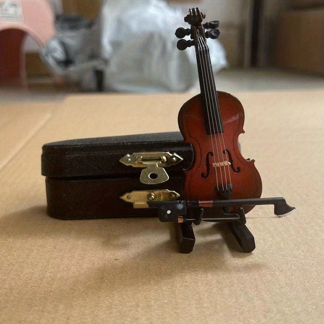Beautiful Wooden Miniature Violin Set: Stand, Bow, Case, And Musical Instrument