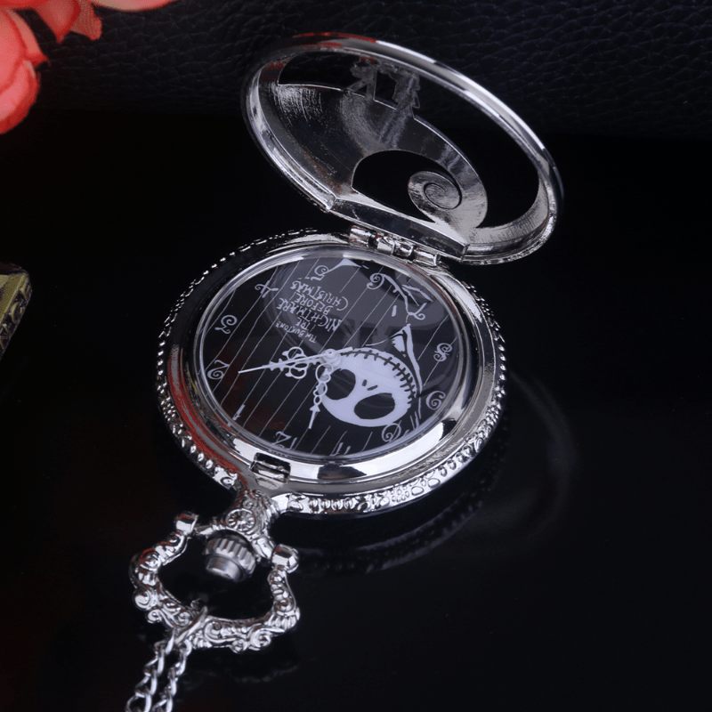 Skull Dial Silver Quartz Pocket Watch With Chain Men Women Watch Pendant Clock Gift - Cykapu