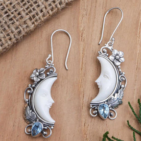 Exquisite Moon Face Flower Leaf Design With Blue Shiny Zircon Decor Dangle Earrings Retro Elegant Style Alloy Silver Plated Jewelry Female Gift