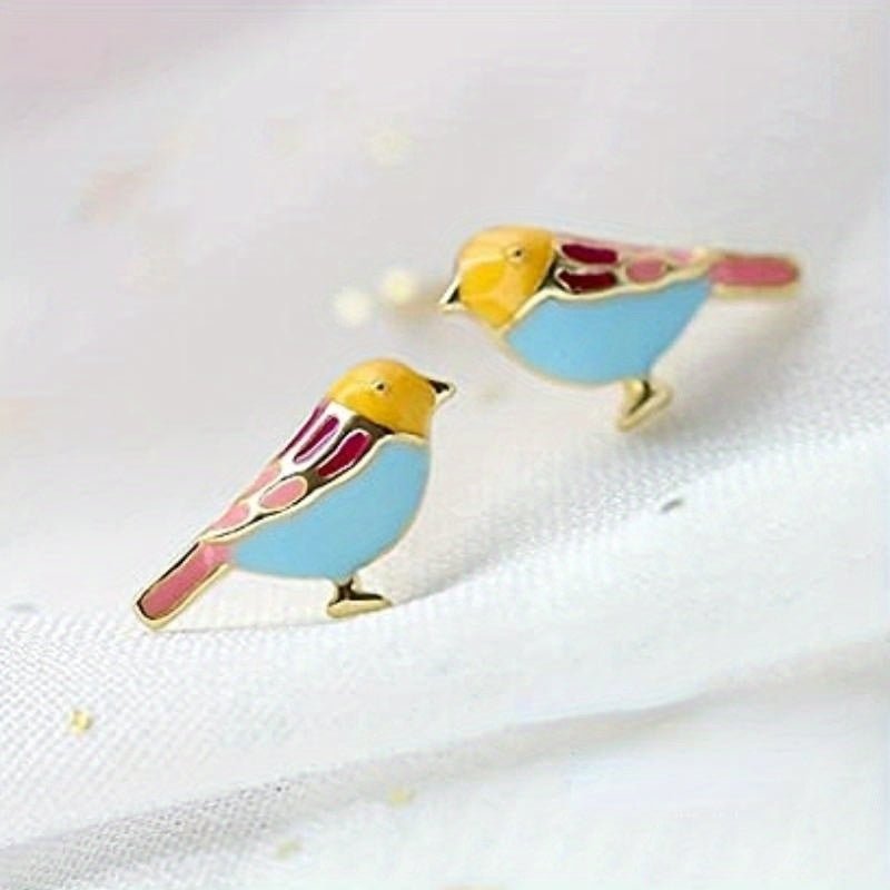 Golden Plated Bird Enamel Stud Earrings For Women