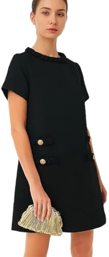 Womens Tweed Jackie Dress Elegant Crew Neck Short Sleeve Button Bodycon Mini Dress
