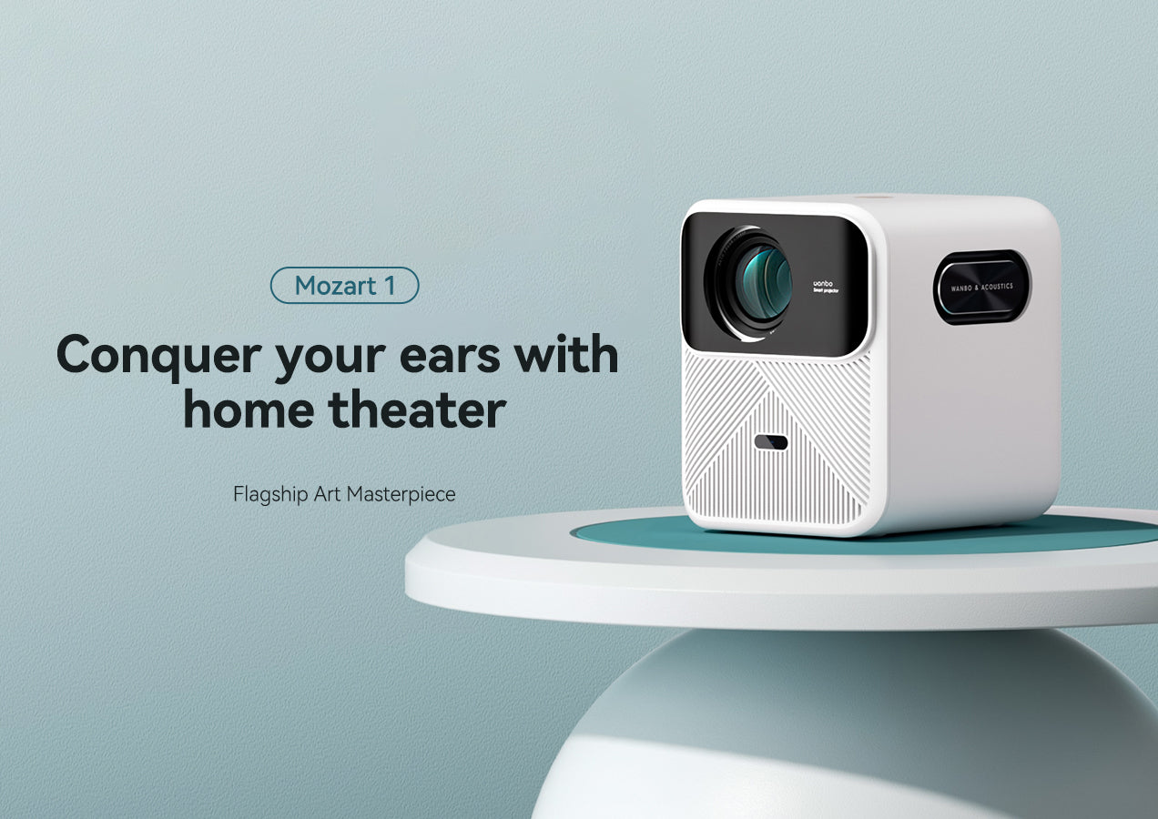 Mozart1 Smart Projector Physical 1080P 900Ansi Lumens Android System 2+32GB Storage Dual WIFI6 Auto Focus Auto Keystone Correction Full Closed Optical 8Wx2 Cykapu