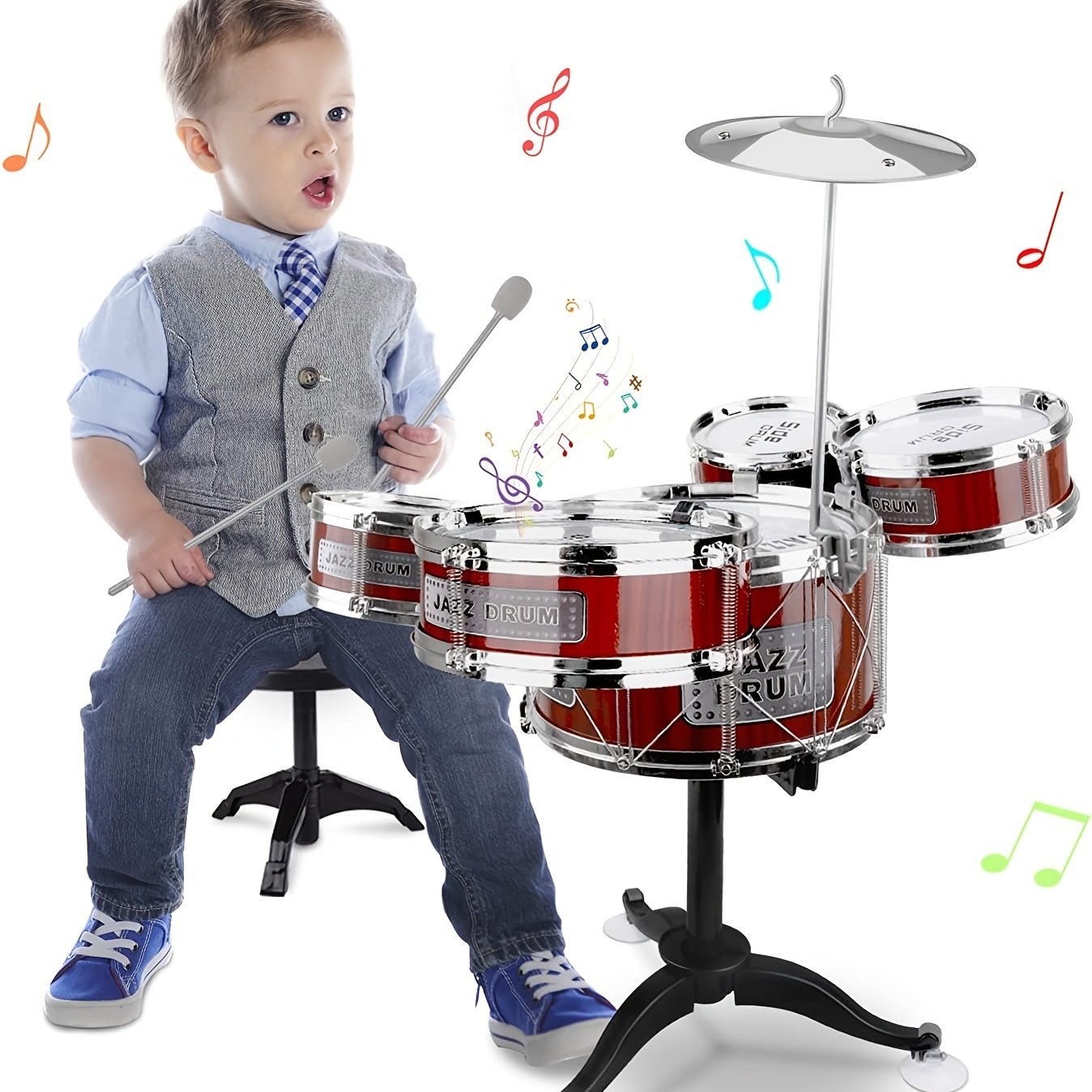 Kids Drum Set Musical Toy Drum Kit For Toddlers, Jazz Drum Set With 1 Stool, 2 Drum Sticks, 1 Cymbal And 5 Drums Musical Instruments