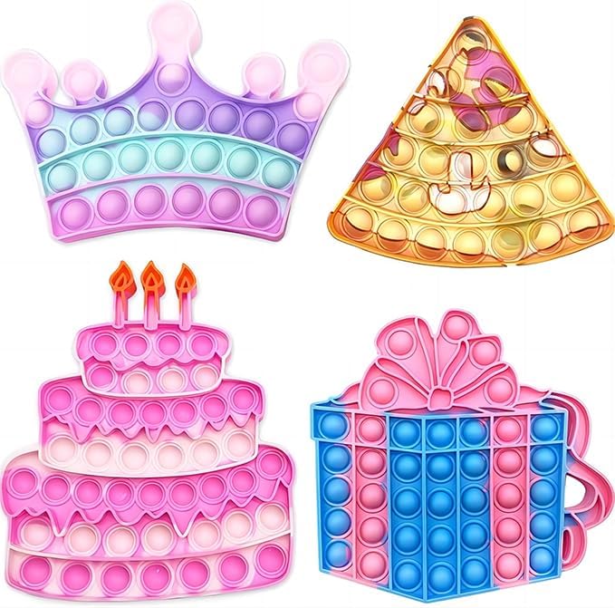 4 Pcs Birthday Cake Crown Fidget Toys for Girl, Pop Fidget Toys Gift Bubbles Toy, Pizza Silicone Fidget Sensory Squeeze Bubbles Toy, Stress Relief Anti - Anxiety Autism - Cykapu