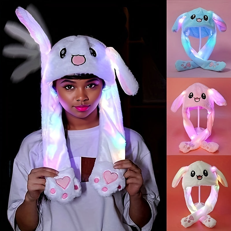 LED Glowing Plush Moving Rabbit Hat, Funny Glowing And Ear Moving Bunny Hat Cap