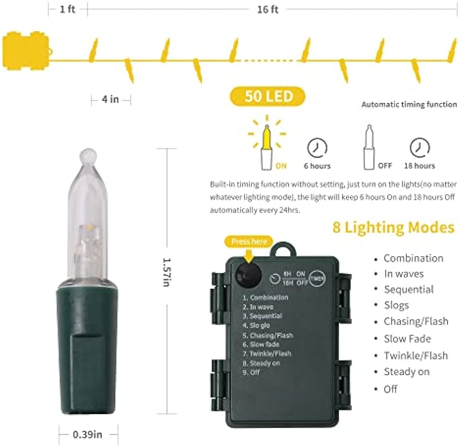 2 Pack 50 LED Outdoor Christmas Lights, 16FT Battery Operated Mini String Lights with 8 Modes & Timer Cykapu