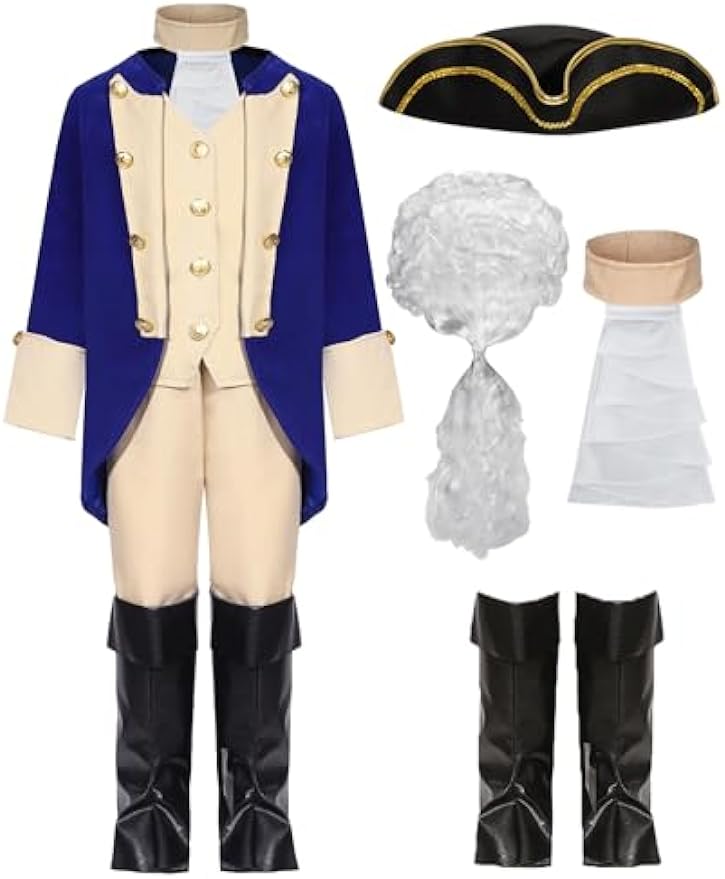 George Washington Costume Kids Boy Founding Father Costume Outfit Hamilton Cosplay American Colonial Uniform with Wig Cykapu