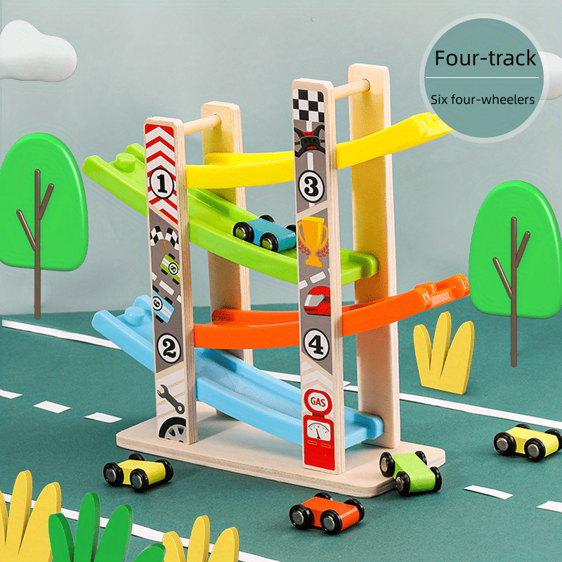 Delight Your Toddler With This Fun Wooden Race Track Car Ramp Racer And 4 Mini Cars - Cykapu