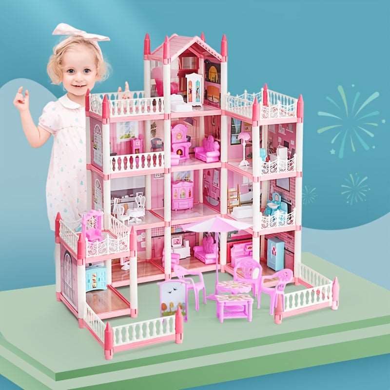 11-Room Pink Dollhouse Set With DIY Furniture Accessories - Perfect Birthday Gift - Cykapu