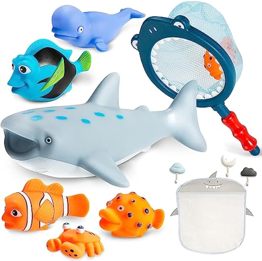 No Hole Mold Free Bath Toys for Toddlers 1-3, Water Toys for 6-12 Months Infants with Storage Bag, Baby Shark Toys for Pool, Bathtub, Beach, Shower, Tub, Boys Girls Gifts - Cykapu