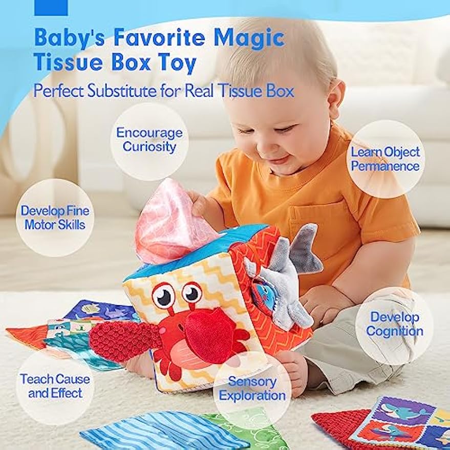 Baby Tissue Box Toy - Baby Toys 6 to 12 Months Montessori Toys for Babies 6-12 Months with Textured Tails, Cloth Tissues, Crinkle, Squeaky Sounds, Mirror - Baby Christmas Stocking Stuffers Sensory Toy