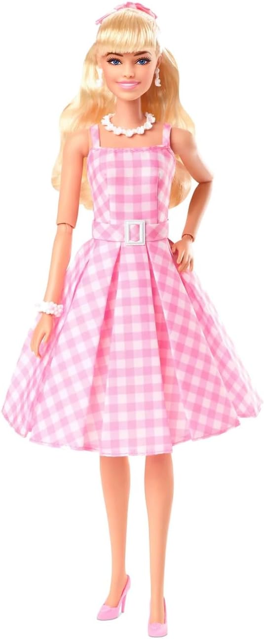 Margot Robbie as Barbi, 35X20 cm Collectible Doll Wearing Pink and White Gingham Dress with Daisy Chain Necklace