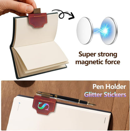 Bookmark with Pen Holder, 26 Letters Laser Sticker Personalized Magnetic Bookmarks Leather, Name Book Marker Clip with Initial for Men Women, Gifts for Bookmarks Book Readers Lovers