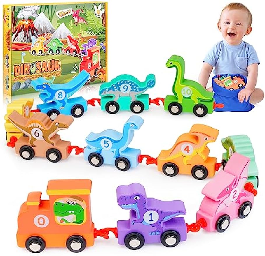 Toddler Dinosaur Toys Age 2-4: IPOURUP Wooden Dinosaurs Train Set Montessori Educational Toys for 2 3 4 5 6 Year Old Boys Girls Kids Birthday Gifts 11 PCS Trains Car with Numbers for Toddlers Toy Gift - Cykapu