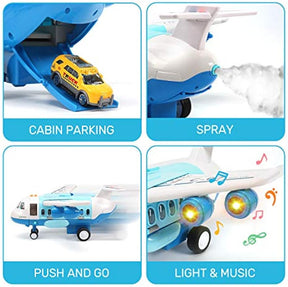 Toy Airplane Plane Toy with Smoke, Sound and Light, Fricton Powered Airplane with Mini Cars, Birthday Gift for Boys and Girls