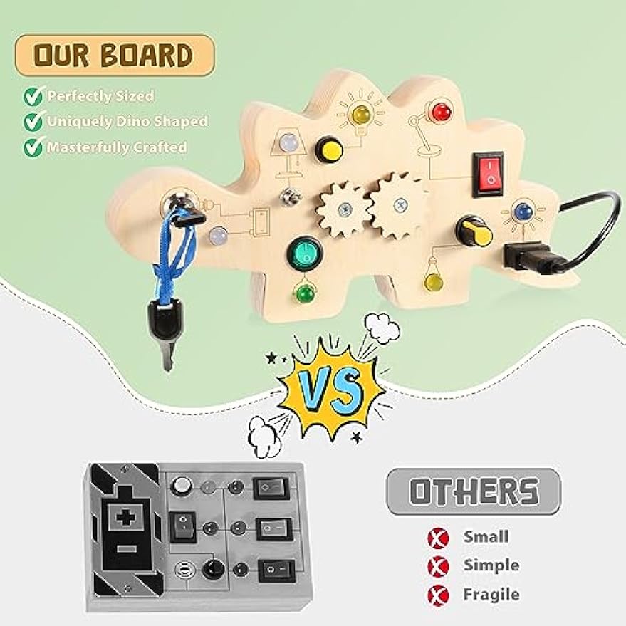 Montessori Toys Toddler Busy Board Ages 2-4 , Dinasour Wooden Busy Board 7 LED Light , Kids Learning Activities Baby Airplane Travel Essential Road Trip Christmas Birthday Gift 2 3 4 Year Old Boy Girl - Cykapu