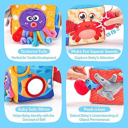 Baby Tissue Box Toy - Baby Toys 6 to 12 Months Montessori Toys for Babies 6-12 Months with Textured Tails, Cloth Tissues, Crinkle, Squeaky Sounds, Mirror - Baby Christmas Stocking Stuffers Sensory Toy - Cykapu