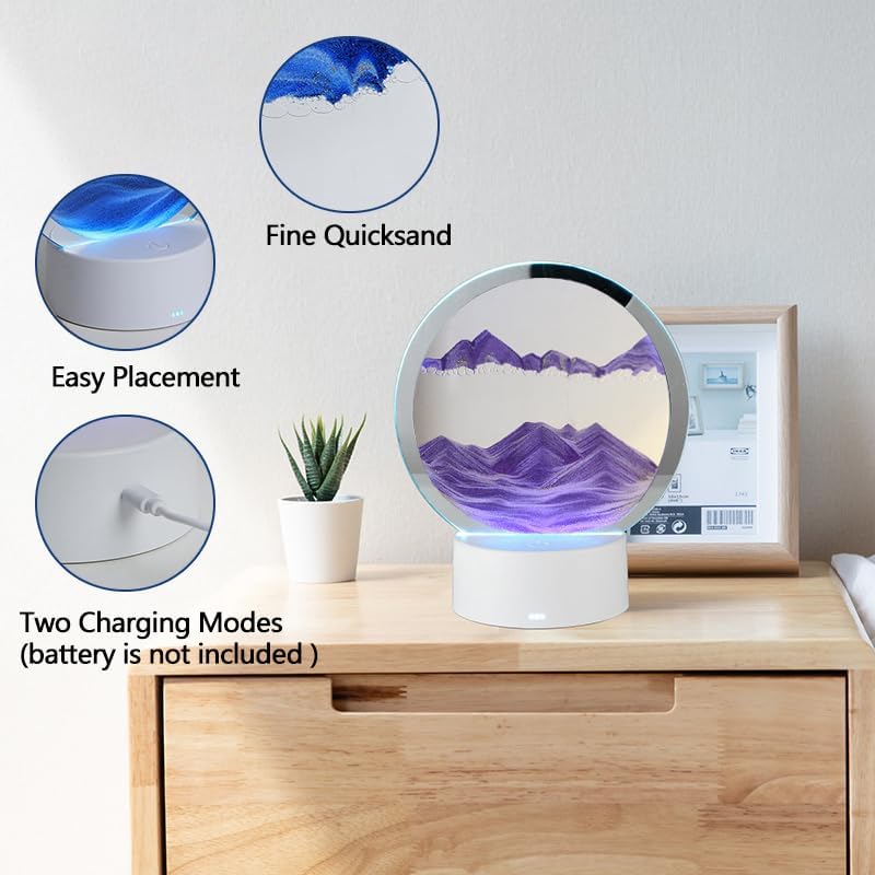 Moving Sand Art Picture with Lamp, 7 Color Lighted/Touch Control, Round Glass Deep Sea Landscape