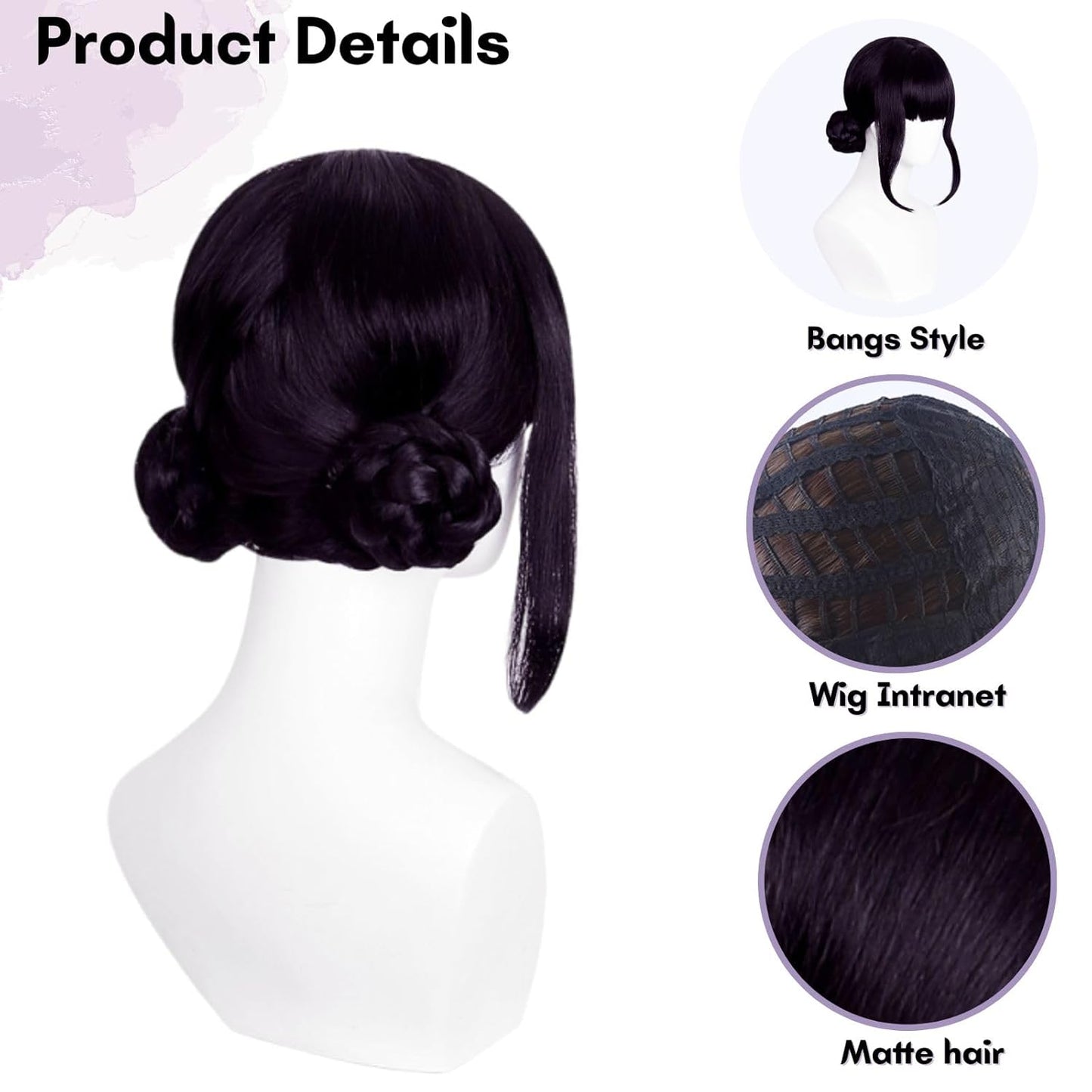 Short Black Purple Cosplay Wig with 2 Buns, Halloween Costume Cosplay Wigs, Cartoon Movie Singer Halloween Accessories Props Wig for Women Men