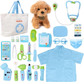 Meland Toy Doctor Kit - Pretend Play Doctor Set with Dog Toy, Carrying Bag, Stethoscope Toy & Dress Up Costume