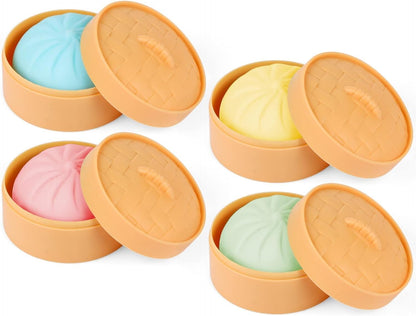 4 Packs Colorful Dumpling Stress Balls Fidget Toys Adults Kids,Squeeze Dough Ball Stress Relief Hand Toys,Bun with Food Steamer Stretchy Sensory Toys