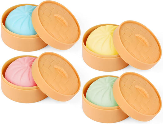 4 Packs Colorful Dumpling Stress Balls Fidget Toys Adults Kids,Squeeze Dough Ball Stress Relief Hand Toys,Bun with Food Steamer Stretchy Sensory Toys
