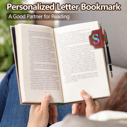 Bookmark with Pen Holder, 26 Letters Laser Sticker Personalized Magnetic Bookmarks Leather, Name Book Marker Clip with Initial for Men Women, Gifts for Bookmarks Book Readers Lovers