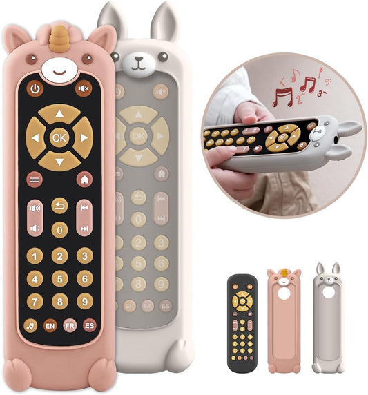 Baby TV Remote Control Toy with Silicone Teether Cover, Toddler Realistic Controller, Early Number Learning in 3 Languages