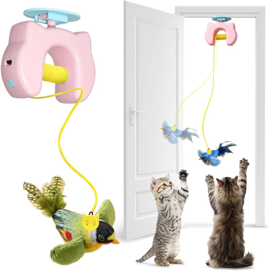 Interactive Cat Toys for Indoor Cats, Chirping Bird Cats Feather Toys, Automatic Hanging Door Frame Chase/Hunt/Exercise Stimulate Feather Cat Toy for Bored Indoor Adult & Kitten